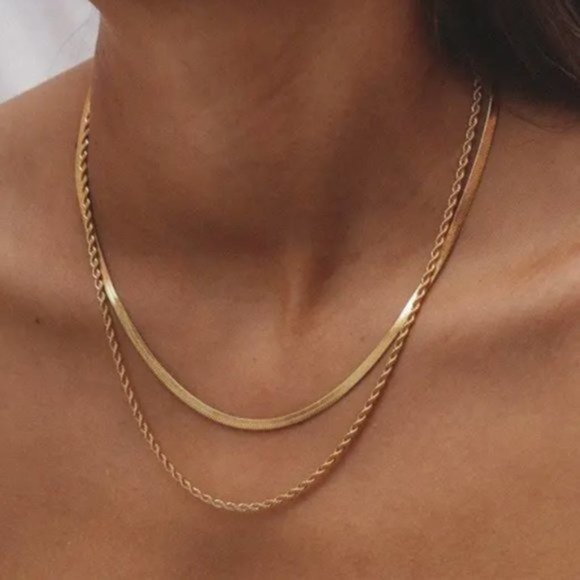 Gold Layered Double Chain Gold Necklace Herringbone & Rope Chain Waterproof CUTE - Picture 4 of 13